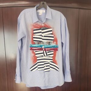 Comme des Garcons Blue Striped Shirt with Artistic Patch